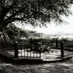 Ilustrasi lokasi Prapat Kurung Surabaya dengan pohon bidara dan teralis besi.