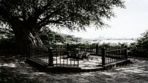 Ilustrasi lokasi Prapat Kurung Surabaya dengan pohon bidara dan teralis besi.