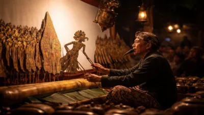 Ilustrasi pagelaran wayang kulit dalam rangka tradisi Suroan di makam Kyai Brojohanilo, Trucuk, Klaten