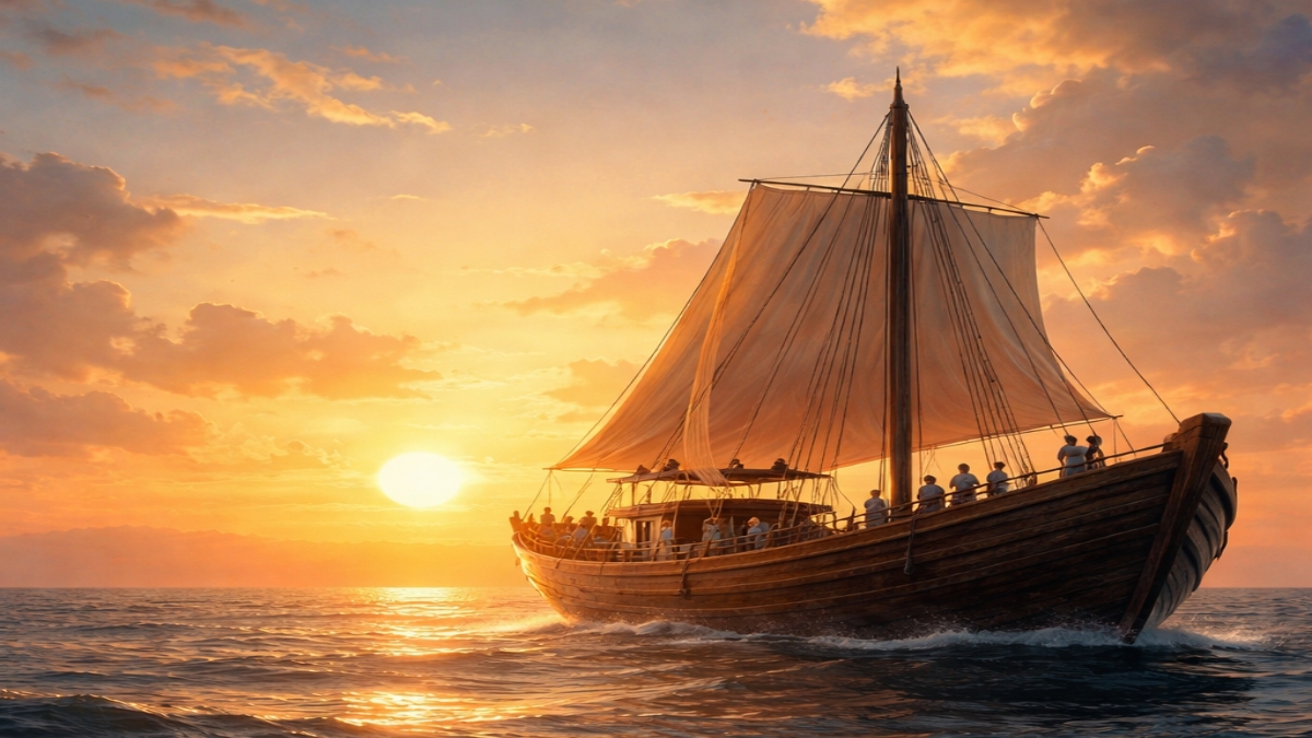 Ilustrasi perahu besar di laut saat matahari terbenam, menggambarkan perjalanan hidup dan rezeki menurut Primbon Jawa.