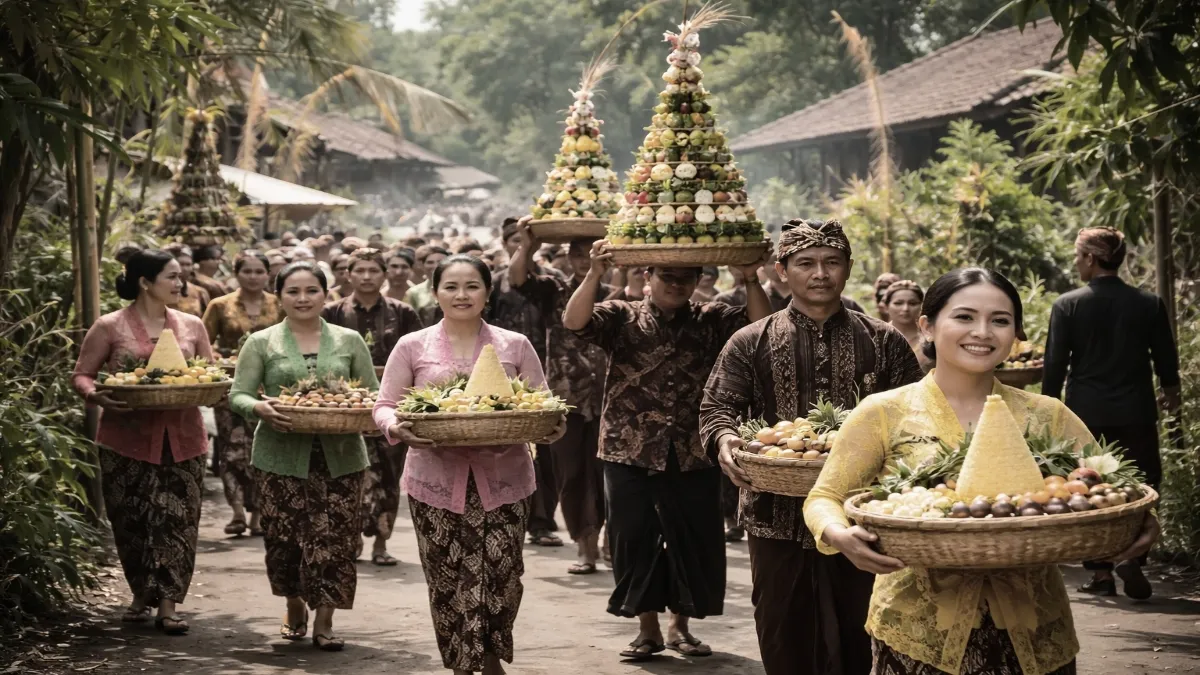 Ilustrasi tradisi Lawadan di Tulungagung: warga mengarak sesaji dan hasil bumi dalam upacara adat