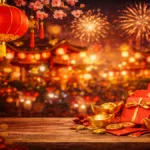 Suasana perayaan Imlek dengan lampion merah dan ornamen khas budaya Tionghoa