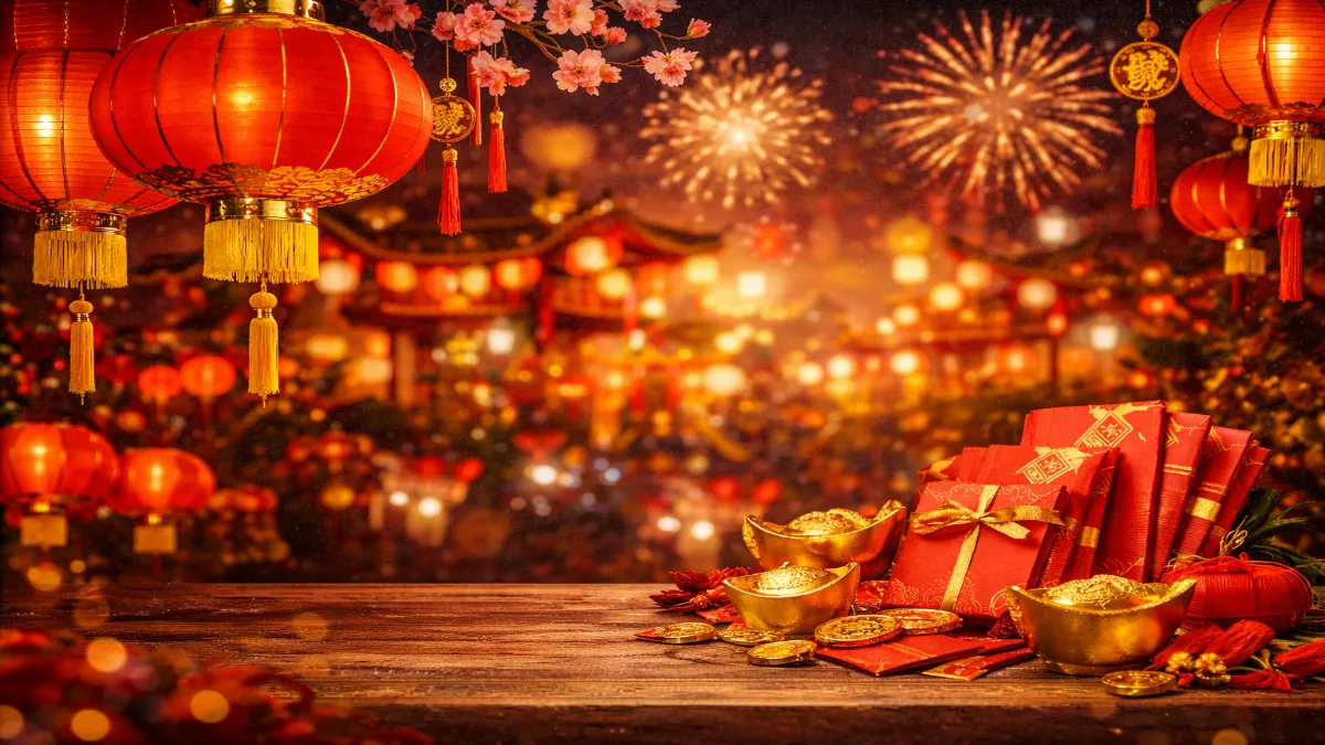 Suasana perayaan Imlek dengan lampion merah dan ornamen khas budaya Tionghoa