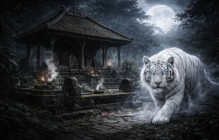 Ilustrasi kisah macan putih yang hidup dalam cerita lisan masyarakat sekitar Candi Mleri.