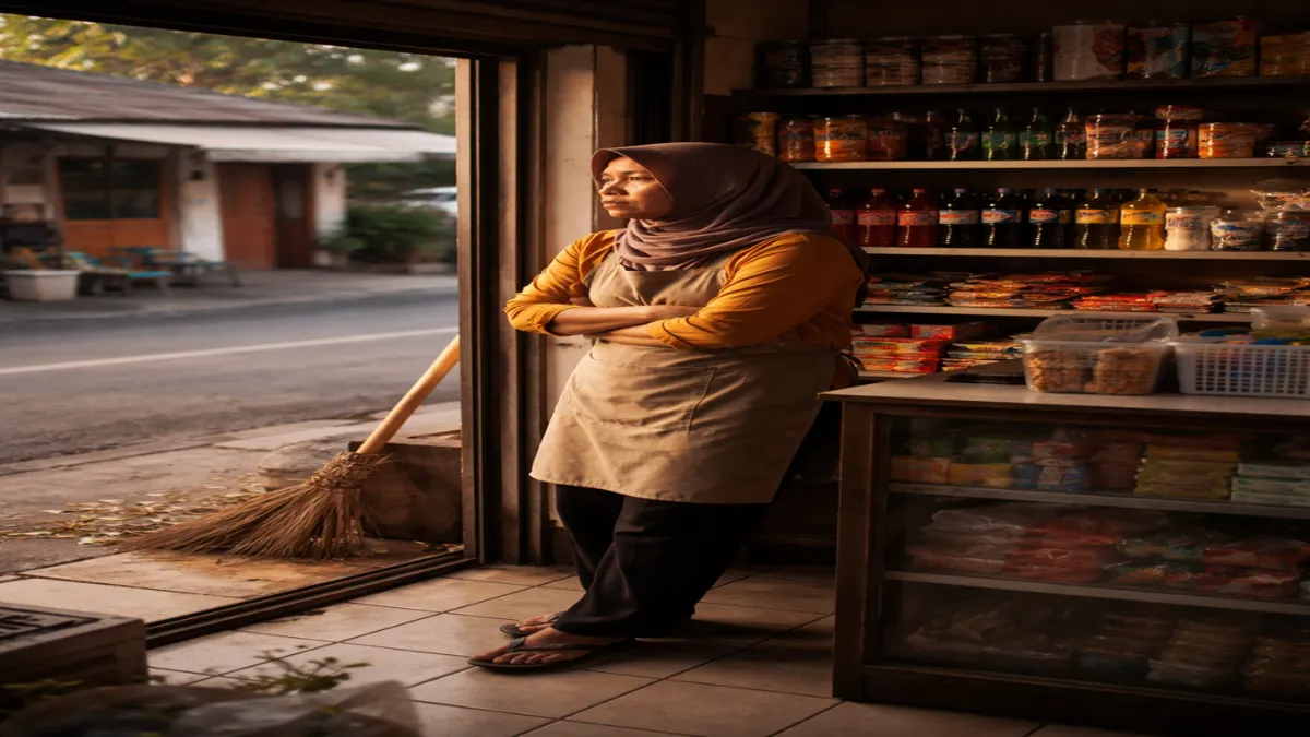 Suasana sebuah tempat usaha yang terlihat lengang dan sepi secara tiba-tiba.