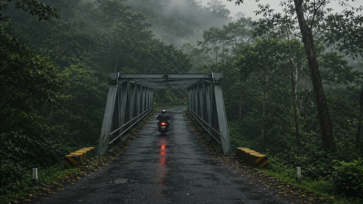 Penampakan jalur Jembatan Kembar Cangar yang berkabut dan dikelilingi hutan lebat, lokasi yang kerap dikaitkan dengan berbagai cerita horor di Jawa Timur.