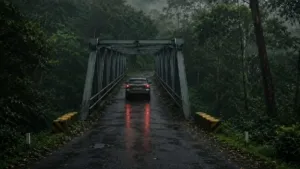 Jembatan Cangar di kawasan hutan pegunungan antara Kota Batu dan Mojokerto, Jawa Timur.