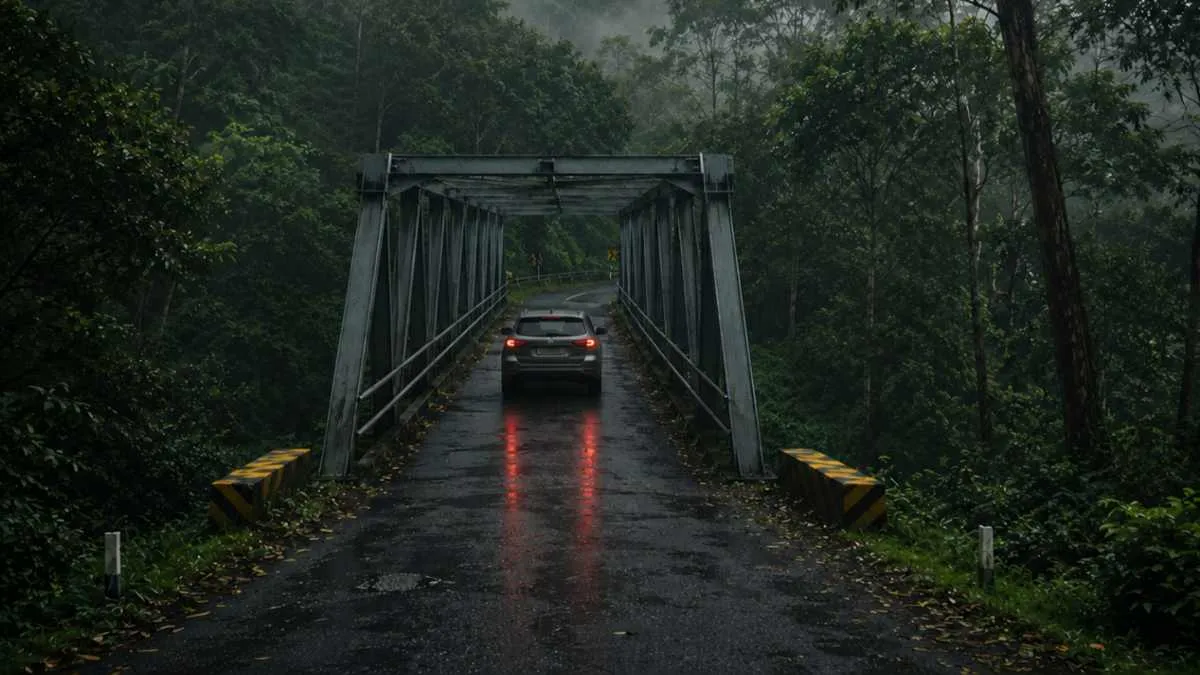 Jembatan Cangar di kawasan hutan pegunungan antara Kota Batu dan Mojokerto, Jawa Timur.