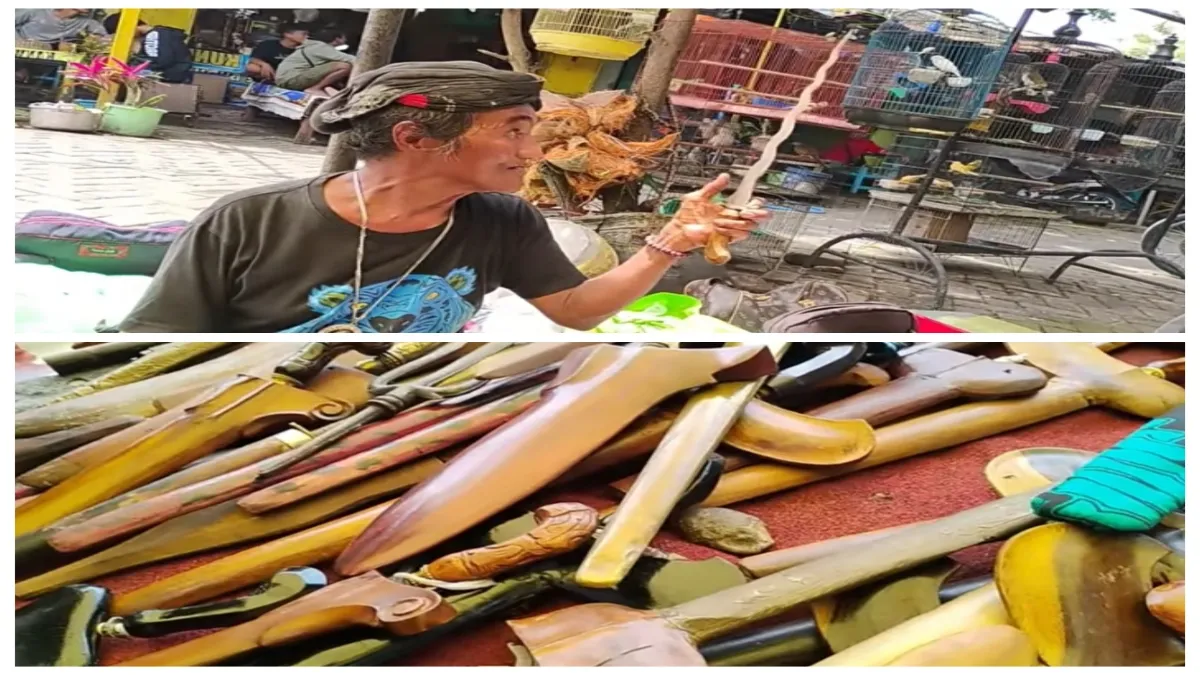 Mbah Nardi menunjukkan sejumlah pusaka koleksinya di Pasar Burung Joyo Madiun. Tangkapan layar YouTube Pakdhe Yadi.