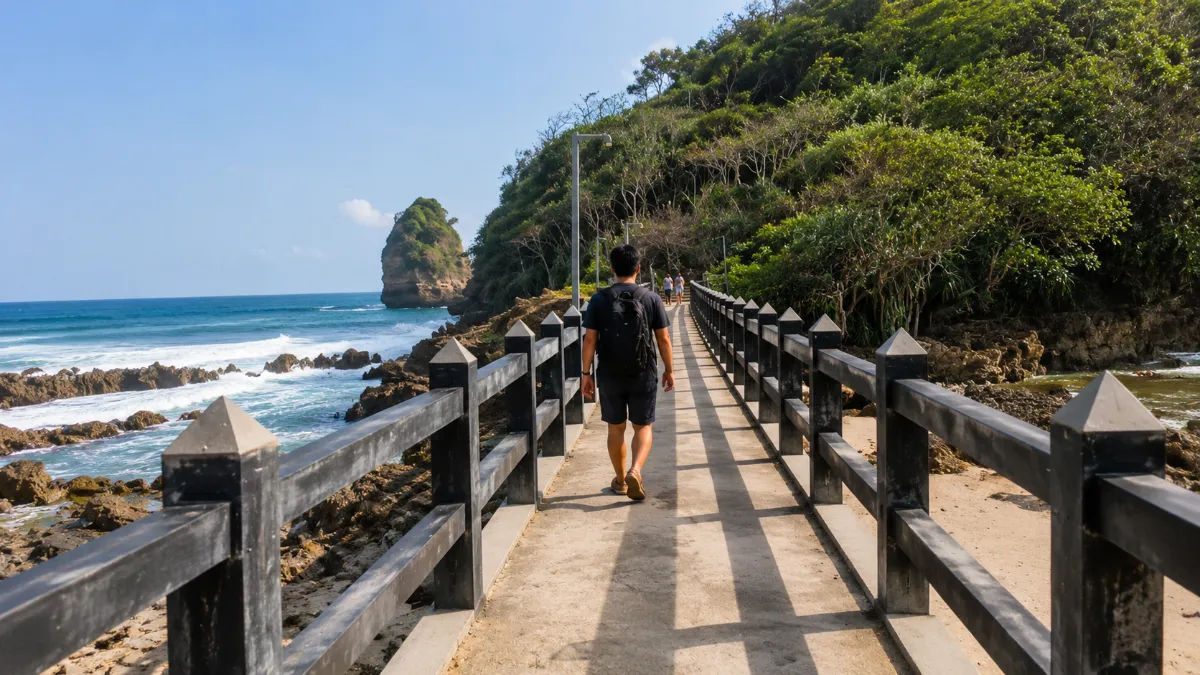 Suasana jembatan menuju Gunung Kombang di kawasan Pantai Ngliyep, Malang Selatan.