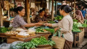 Ilustrasi pedagang di pasar tradisional dengan nuansa budaya Jawa yang hangat dan alami.